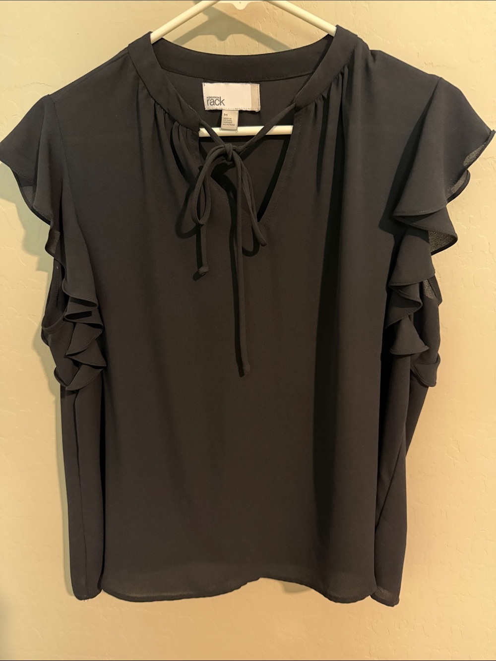 The Rack Black Tie-Neck Ruffle Sleeve Blouse